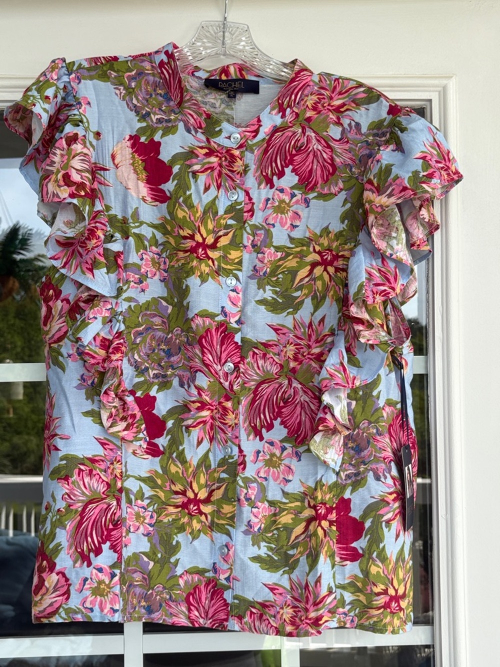 Rachel Roy Light Blue Floral Button-Up Ruffle Sleeve Blouse